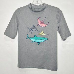 Cat & Jack Boys Shirt sz 12/14 Gray Moisture Wicking Shark Stingray Marine Life